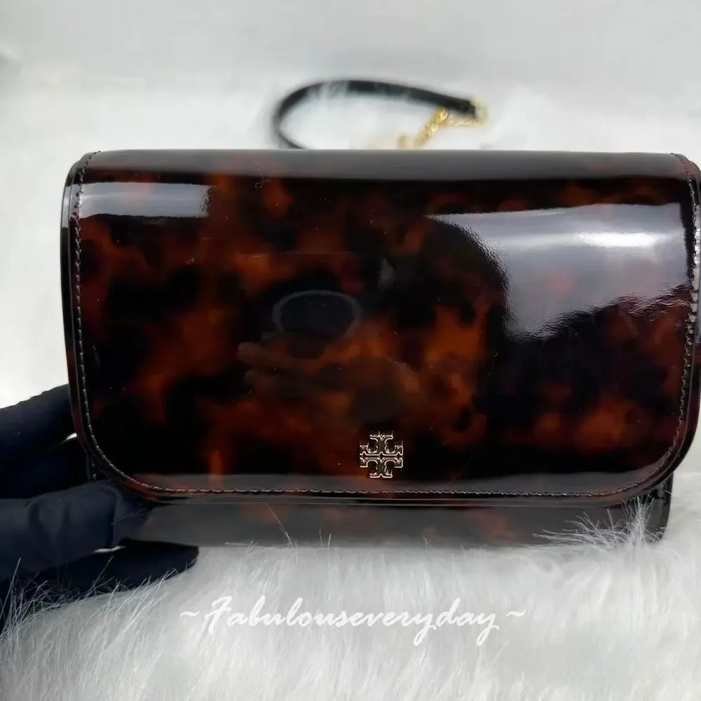 Tory Burch Emerson Tortoise Patent Leather Chain Wallet Shoulder/Xbody 165943